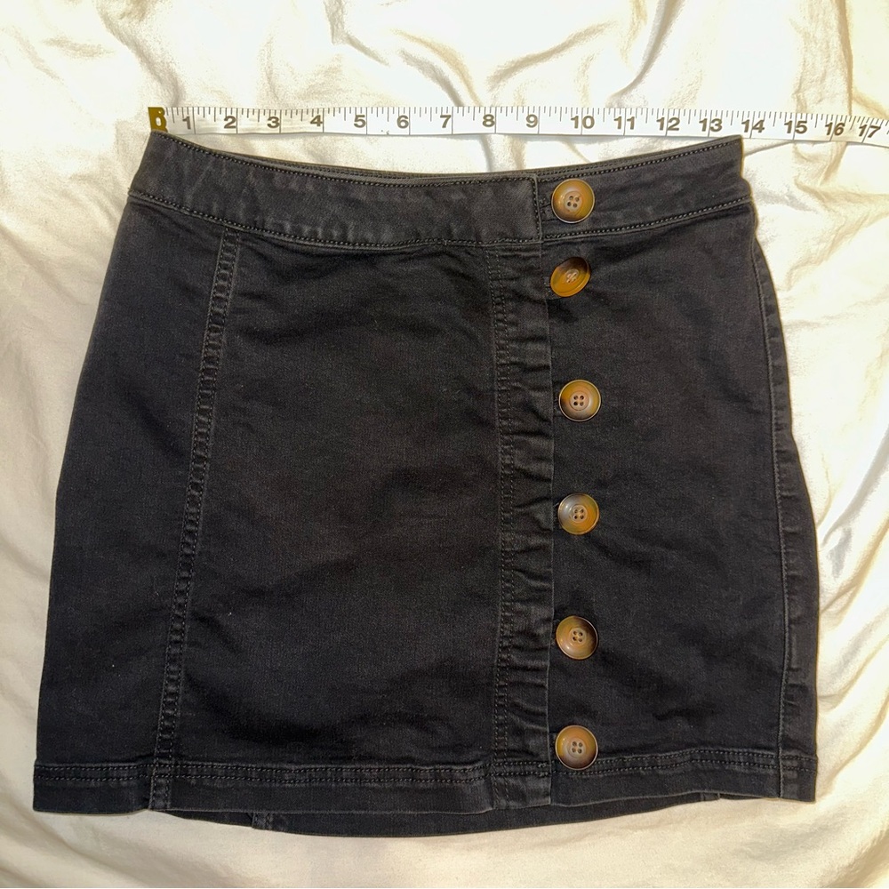 Free People Black Button-Front Mini Skirt with Wood-Tone Buttons